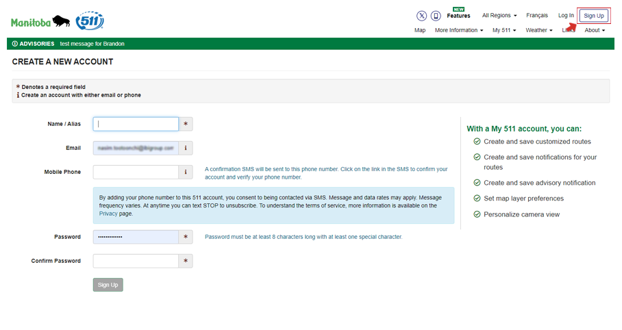 Signing up with Manitoba 511